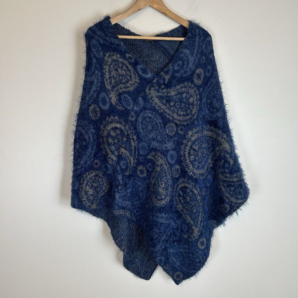 Eyelash Paisley Poncho Cape Shawl Royal Blue Boho Hippie Grunge One Size